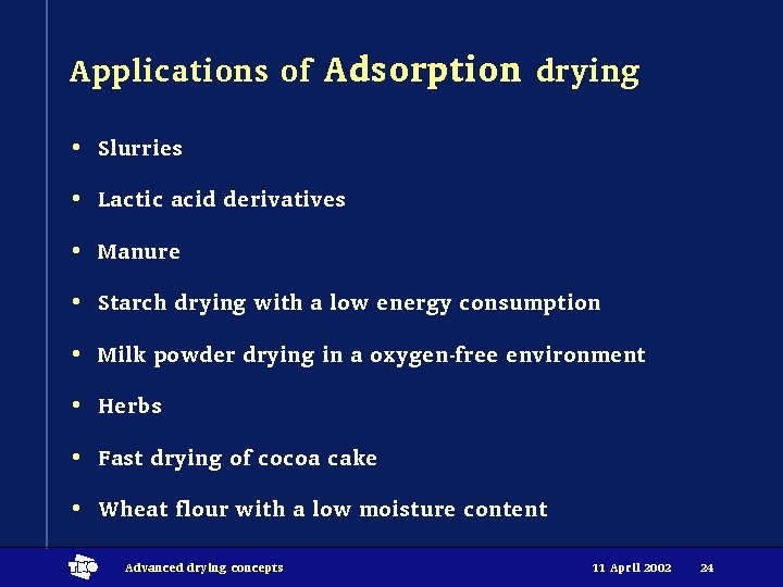 Applications of Adsorption drying • Slurries • Lactic acid derivatives • Manure • Starch