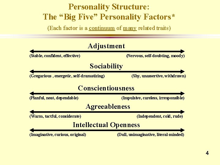Personality Structure: The “Big Five” Personality Factors* (Each factor is a continuum of many