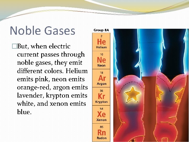 Noble Gases �But, when electric current passes through noble gases, they emit different colors.