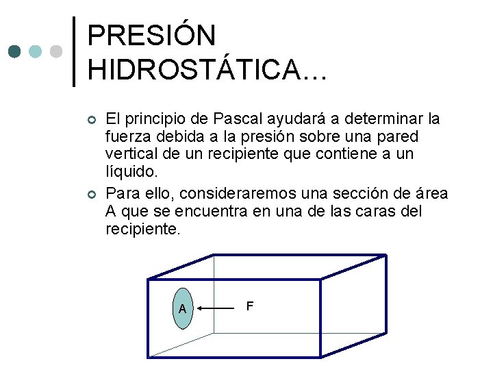 PRESIÓN HIDROSTÁTICA… ¢ ¢ El principio de Pascal ayudará a determinar la fuerza debida PRESIÓN HIDROSTÁTICA… ¢ ¢ El principio de Pascal ayudará a determinar la fuerza debida