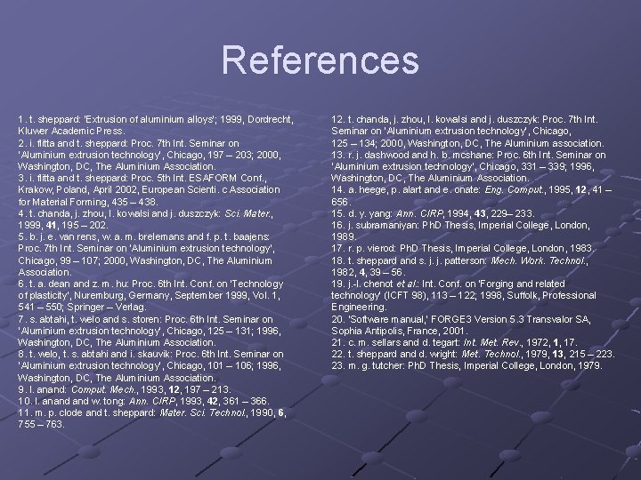 References 1. t. sheppard: ‘Extrusion of aluminium alloys’; 1999, Dordrecht, Kluwer Academic Press. 2.