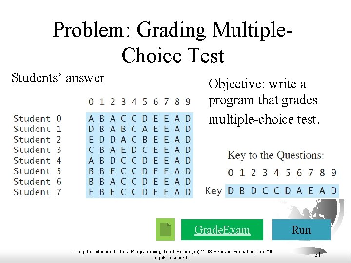 Problem: Grading Multiple. Choice Test Students’ answer Objective: write a program that grades multiple-choice