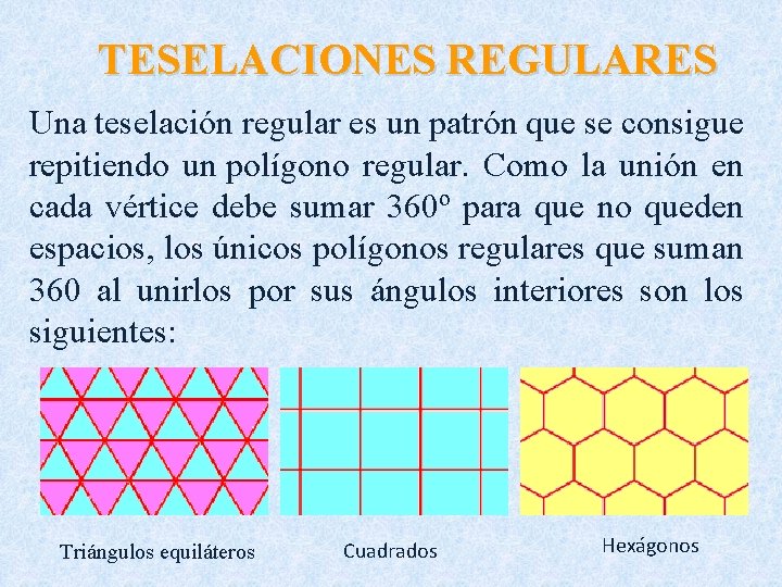 TESELACIONES REGULARES Una teselación regular es un patrón que se consigue repitiendo un polígono