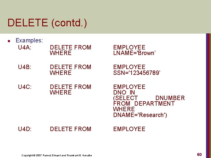 DELETE (contd. ) n Examples: U 4 A: DELETE FROM WHERE EMPLOYEE LNAME='Brown’ U