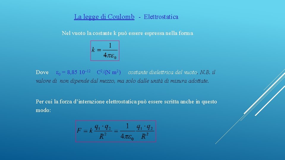 La legge di Coulomb - Elettrostatica Nel vuoto la costante k può essere espressa