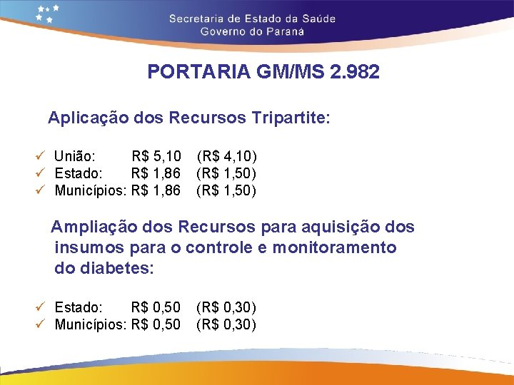 PORTARIA GM/MS 2. 982 Aplicação dos Recursos Tripartite: ü União: R$ 5, 10 (R$ PORTARIA GM/MS 2. 982 Aplicação dos Recursos Tripartite: ü União: R$ 5, 10 (R$