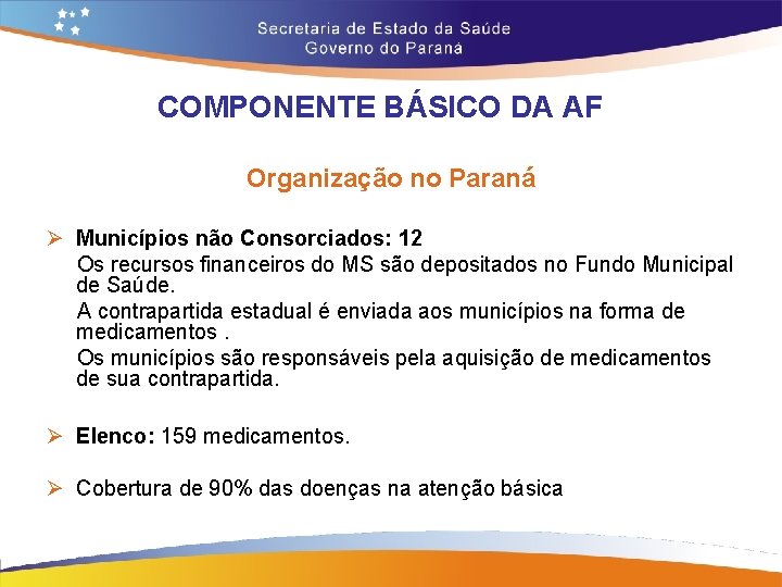 COMPONENTE BÁSICO DA AF Organização no Paraná Ø Municípios não Consorciados: 12 Os recursos