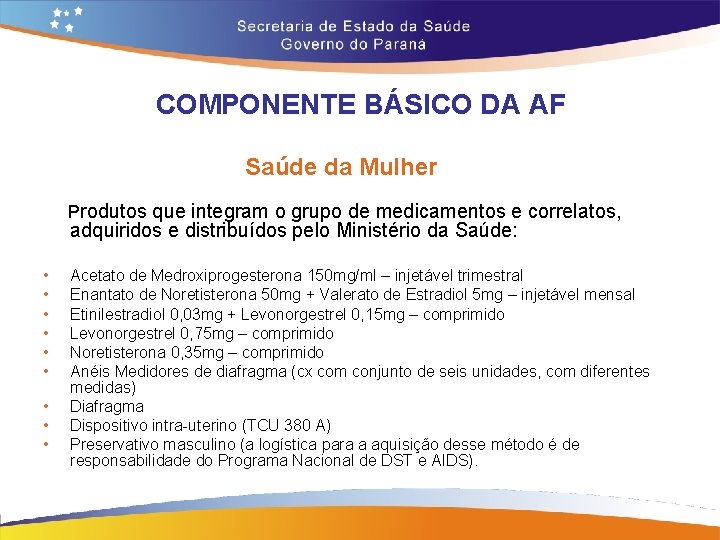 COMPONENTE BÁSICO DA AF Saúde da Mulher Produtos que integram o grupo de medicamentos