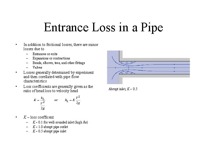 Entrance Loss in a Pipe • In addition to frictional losses, there are minor