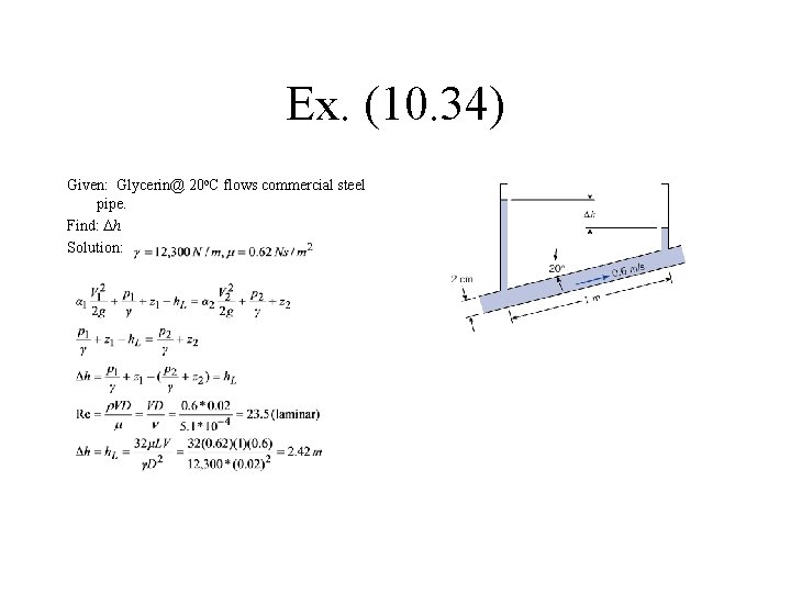 Ex. (10. 34) Given: Glycerin@ 20 o. C flows commercial steel pipe. Find: Dh