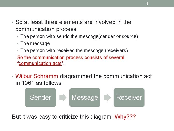 3 • So at least three elements are involved in the communication process: •