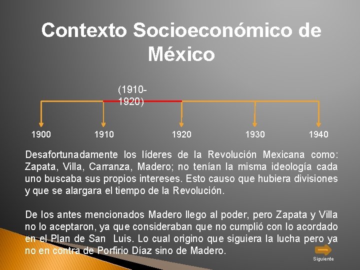 Contexto Socioeconómico de México (19101920) 1900 1910 1920 1930 1940 Desafortunadamente los líderes de