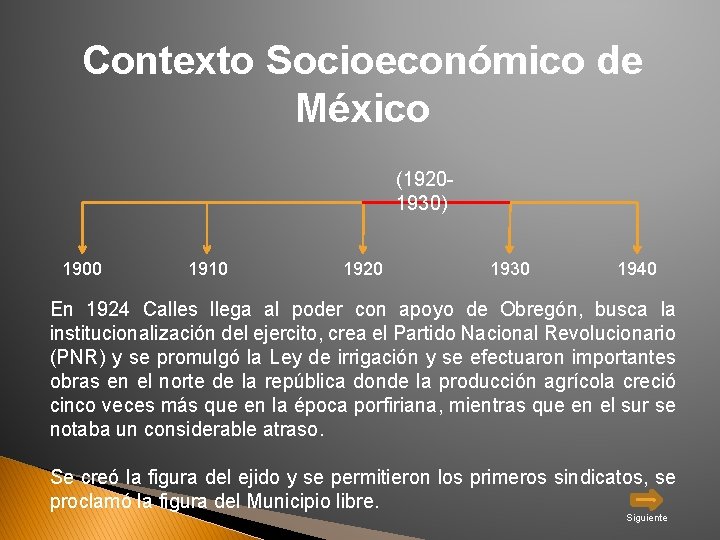 Contexto Socioeconómico de México (19201930) 1900 1910 1920 1930 1940 En 1924 Calles llega