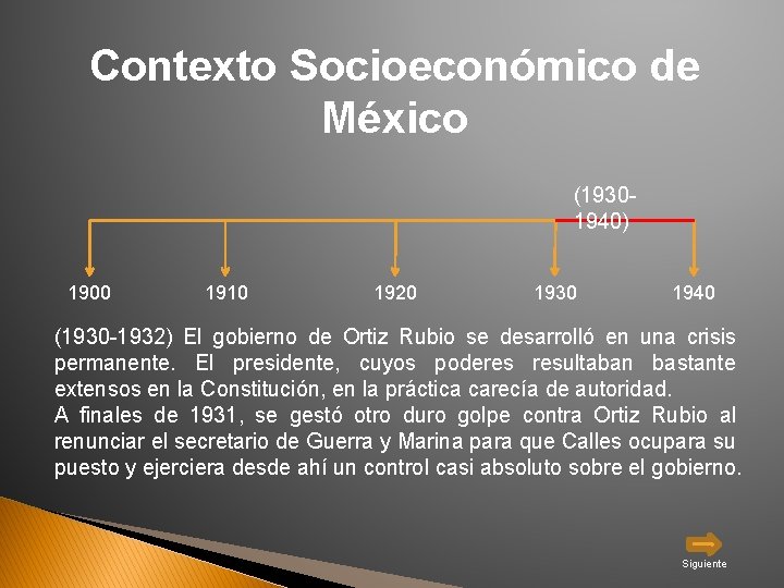 Contexto Socioeconómico de México (19301940) 1900 1910 1920 1930 1940 (1930 -1932) El gobierno