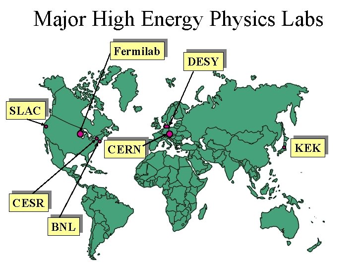 Major High Energy Physics Labs Fermilab DESY SLAC CERN CESR BNL KEK 