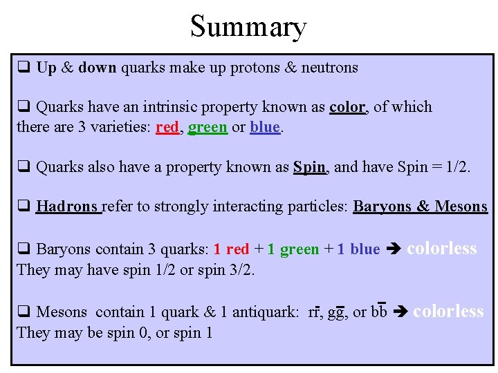 Summary q Up & down quarks make up protons & neutrons q Quarks have
