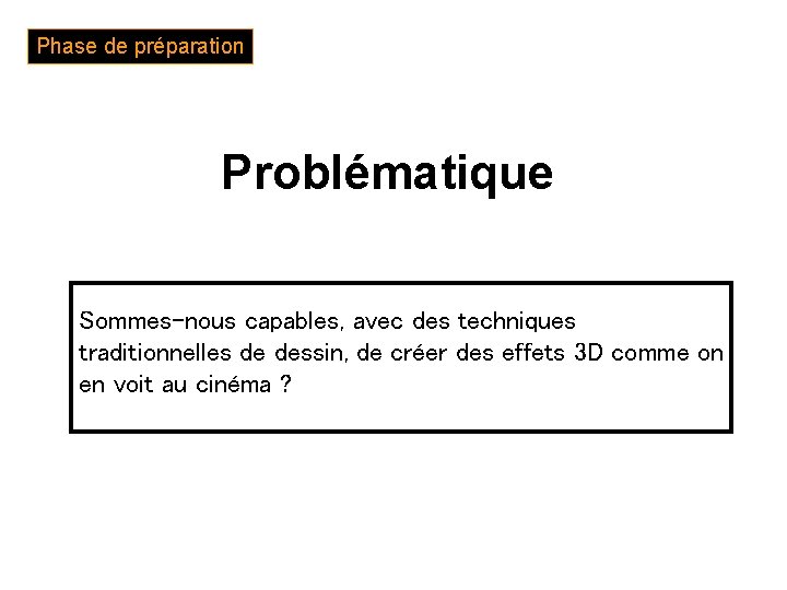 Phase de préparation Problématique Sommes-nous capables, avec des techniques traditionnelles de dessin, de créer