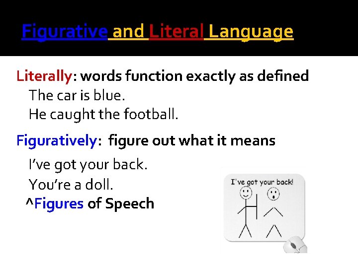 Figurative and Literal Language Literally: words function exactly as defined The car is blue.