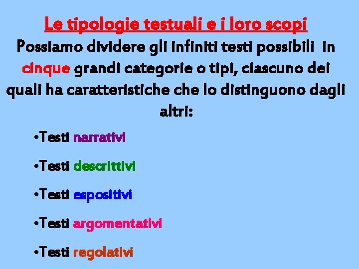 Le tipologie testuali e i loro scopi Possiamo dividere gli infiniti testi possibili in