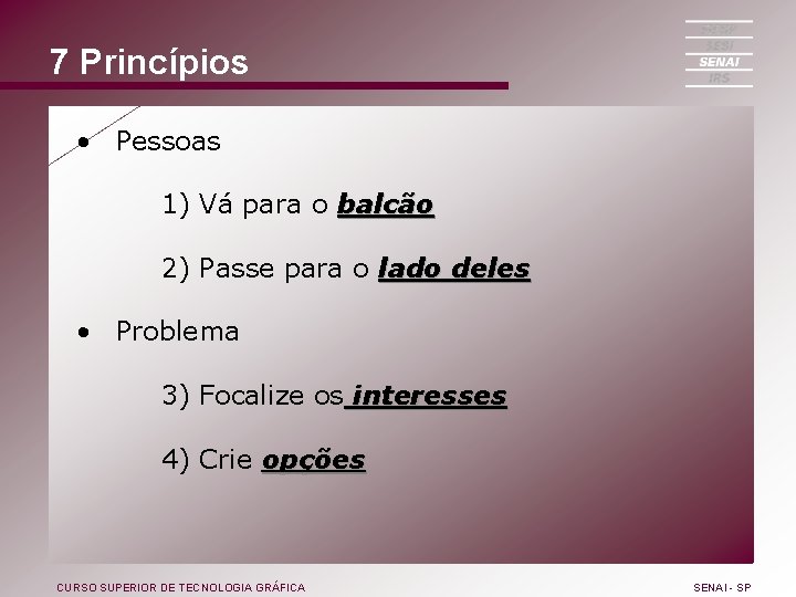 7 Princípios • Pessoas 1) Vá para o balcão 2) Passe para o lado