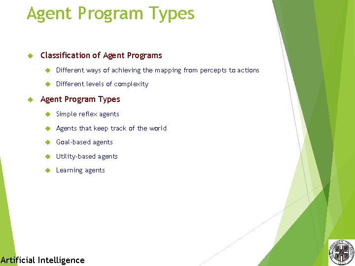 Agent Program Types Classification of Agent Programs Different ways of achieving the mapping from Agent Program Types Classification of Agent Programs Different ways of achieving the mapping from