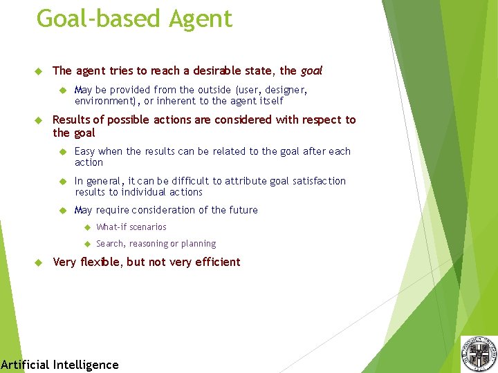 Goal-based Agent The agent tries to reach a desirable state, the goal May be Goal-based Agent The agent tries to reach a desirable state, the goal May be
