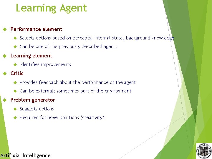 Learning Agent Performance element Selects actions based on percepts, internal state, background knowledge Can Learning Agent Performance element Selects actions based on percepts, internal state, background knowledge Can