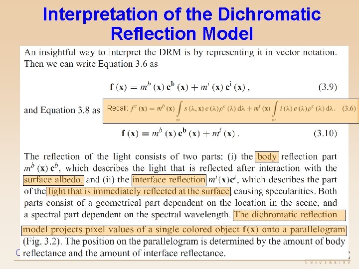 Interpretation of the Dichromatic Reflection Model Recall: Color in Computer Vision – 2019 