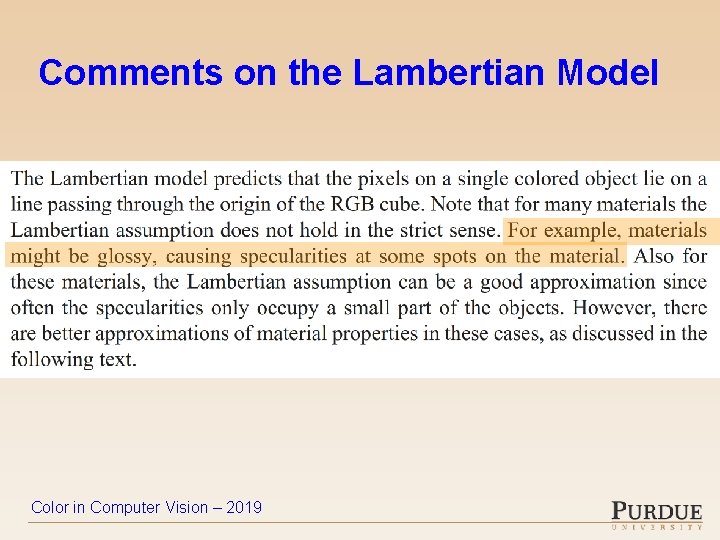 Comments on the Lambertian Model Color in Computer Vision – 2019 