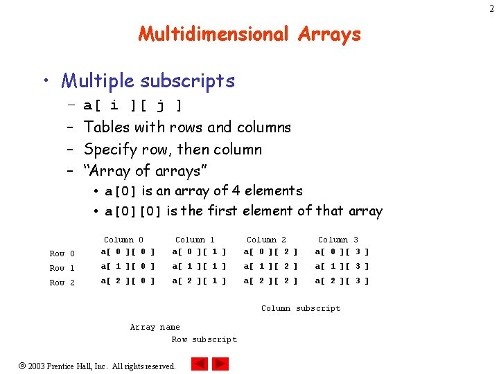 2 Multidimensional Arrays • Multiple subscripts – – a[ i ][ j ] Tables