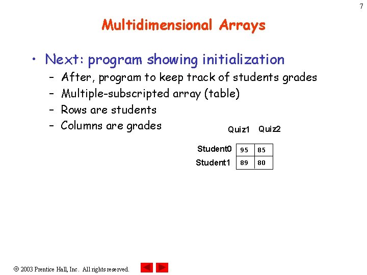 7 Multidimensional Arrays • Next: program showing initialization – – After, program to keep