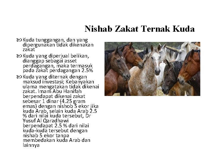 Nishab Zakat Ternak Kuda tunggangan, dan yang dipergunakan tidak dikenakan zakat Kuda yang diperjual Nishab Zakat Ternak Kuda tunggangan, dan yang dipergunakan tidak dikenakan zakat Kuda yang diperjual