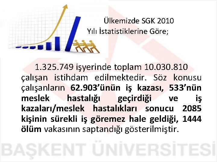  Ülkemizde SGK 2010 Yılı İstatistiklerine Göre; 1. 325. 749 işyerinde toplam 10. 030.