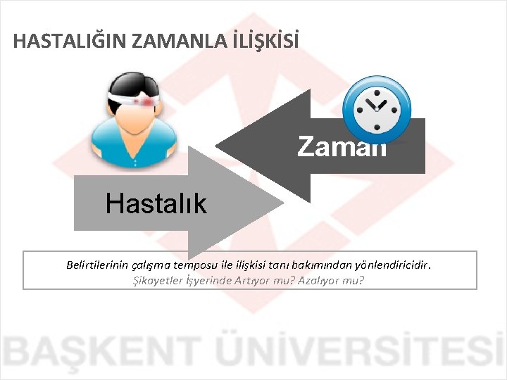 HASTALIĞIN ZAMANLA İLİŞKİSİ Zaman Hastalık Belirtilerinin çalışma temposu ile ilişkisi tanı bakımından yönlendiricidir. Şikayetler