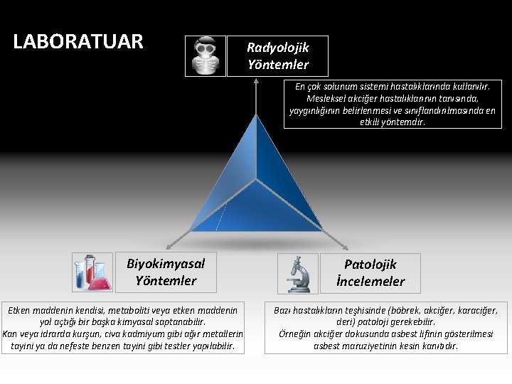 LABORATUAR Radyolojik Yöntemler En çok solunum sistemi hastalıklarında kullanılır. Mesleksel akciğer hastalıklarının tanısında, yaygınlığının