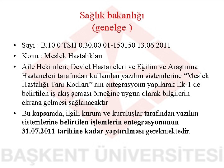 Sağlık bakanlığı (genelge ) • Sayı : B. 10. 0 TSH 0. 30. 01