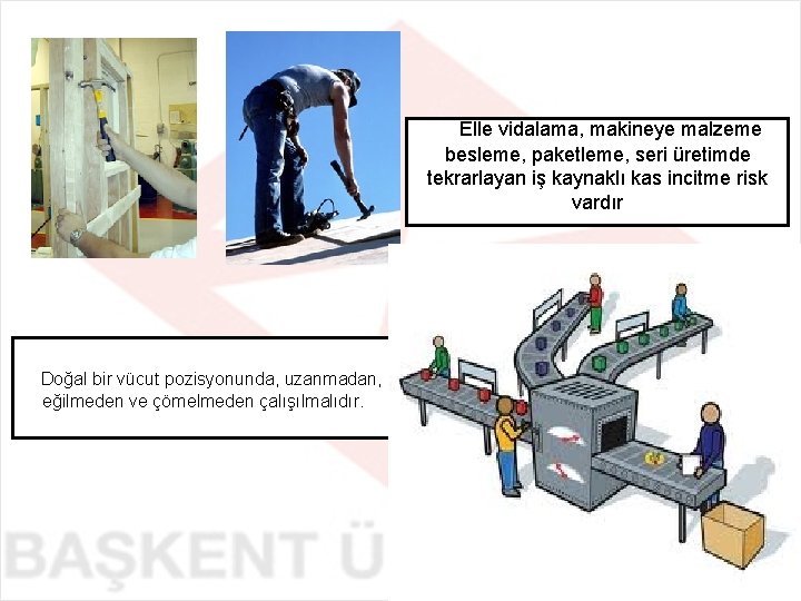 Elle vidalama, makineye malzeme besleme, paketleme, seri üretimde tekrarlayan iş kaynaklı kas incitme risk