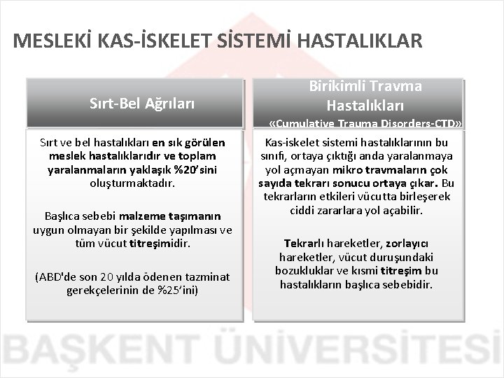 MESLEKİ KAS-İSKELET SİSTEMİ HASTALIKLAR Sırt-Bel Ağrıları Birikimli Travma Hastalıkları «Cumulative Trauma Disorders-CTD» Sırt ve