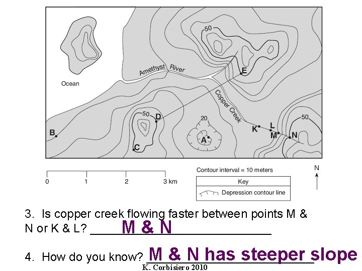 3. Is copper creek flowing faster between points M & N or K &