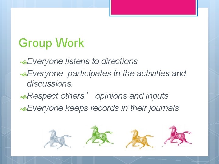 Group Work Everyone listens to directions Everyone participates in the activities and discussions. Respect