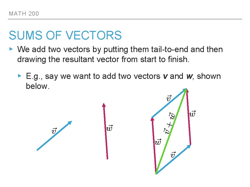 MATH 200 SUMS OF VECTORS ▸ We add two vectors by putting them tail-to-end