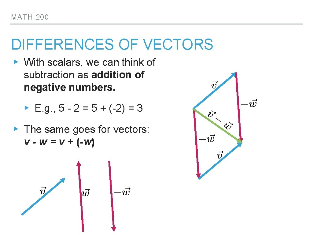 MATH 200 DIFFERENCES OF VECTORS ▸ With scalars, we can think of subtraction as