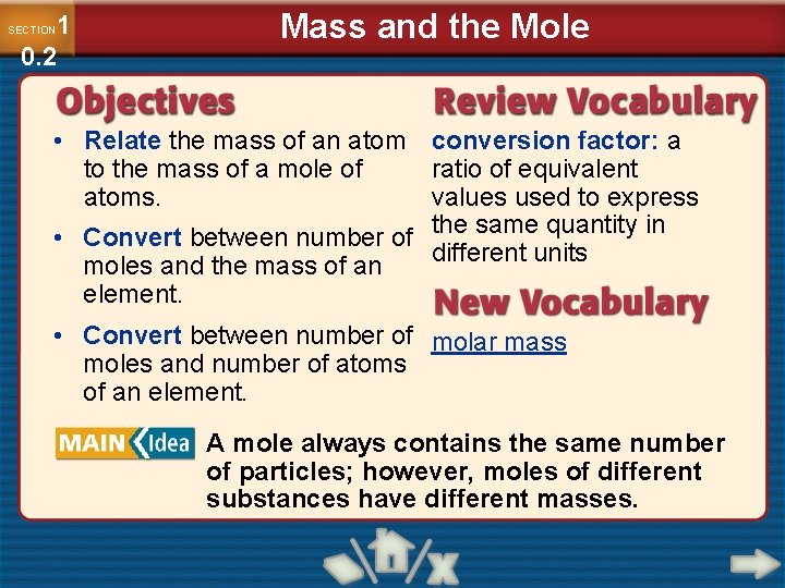 Mass and the Mole 1 0. 2 SECTION • Relate the mass of an