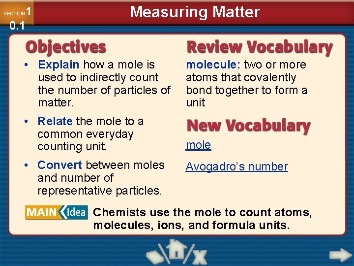 1 0. 1 SECTION Measuring Matter • Explain how a mole is used to
