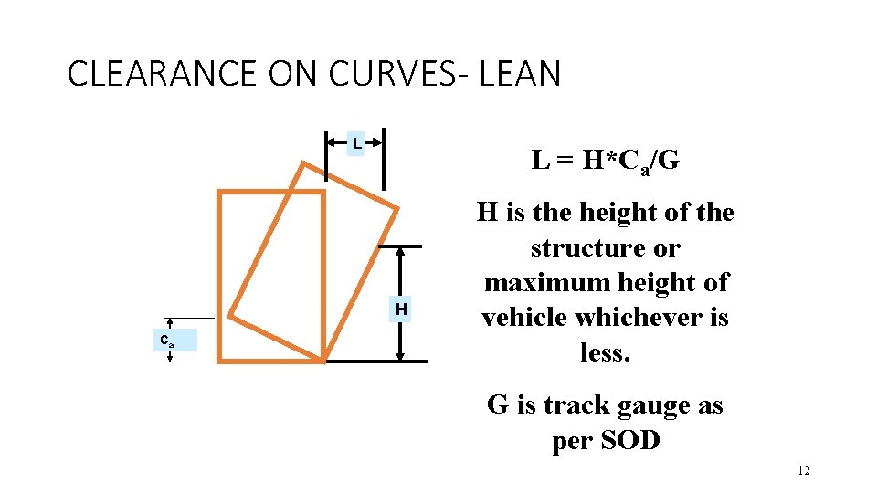 CLEARANCE ON CURVES- LEAN L L = H*Ca/G H Ca H is the height