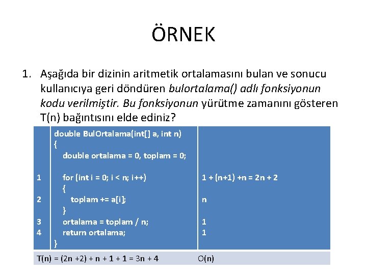 ÖRNEK 1. Aşağıda bir dizinin aritmetik ortalamasını bulan ve sonucu kullanıcıya geri döndüren bulortalama()