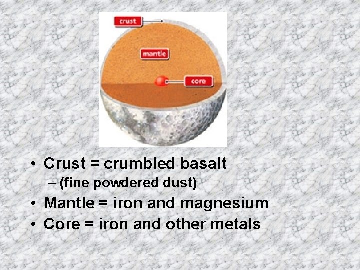  • Crust = crumbled basalt – (fine powdered dust) • Mantle = iron