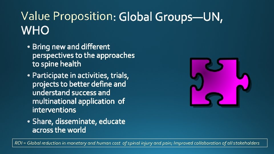 Value Proposition ROI = Global reduction in monetary and human cost of spinal injury