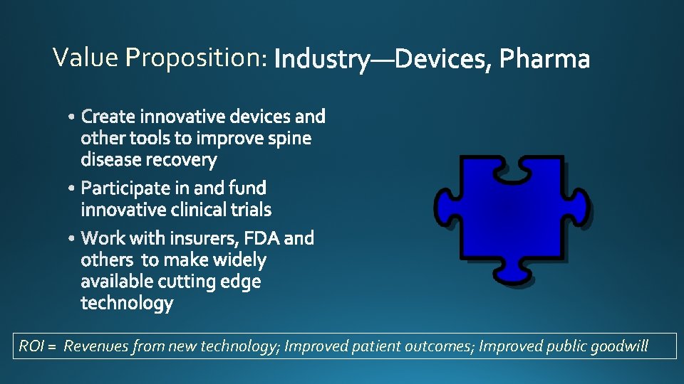Value Proposition: ROI = Revenues from new technology; Improved patient outcomes; Improved public goodwill