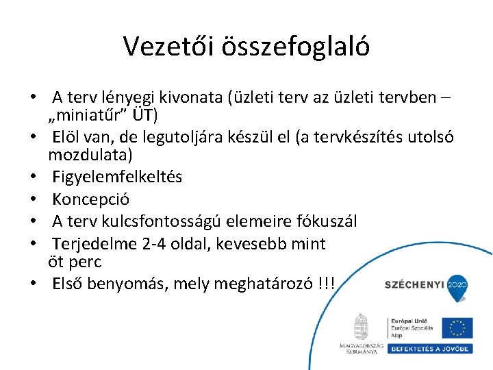 Vezetői összefoglaló • A terv lényegi kivonata (üzleti terv az üzleti tervben – „miniatűr”